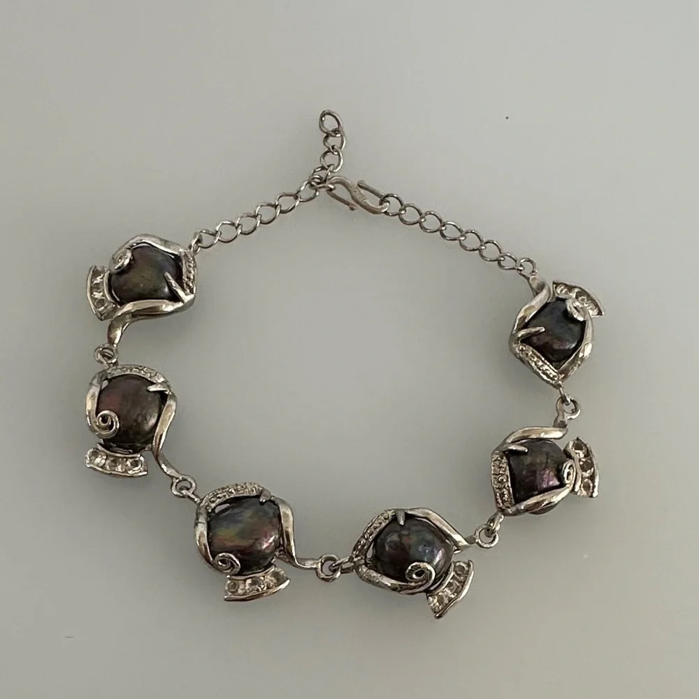 18k Gold Silver and Black Pearls Bracelet